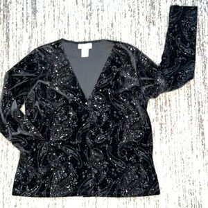 MaxiMa Women’s Size‎ Medium Vintage Paisley Print Sparkle Cardigan Sweater Black